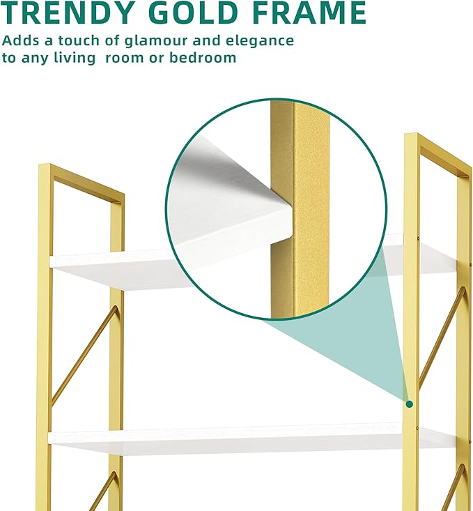 YITAHOME Tall Bookshelf 6 Tier Bookcase, Modern Gold Book Shelf, Open Display Storage Rack Shelves for Living Room/Bedroom/Home/Office/Kitchen, Holder Organizer for Books/Movies, White & Gold