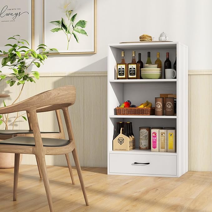 4-Tier Bookcase with Drawer, Wooden Cube Storage Organizer, Modern Display Shelf, Small Bookshelf for Small Spaces, 42.5" Tall Book Shelf for Classroom, Kid's Room, Bedroom (White)