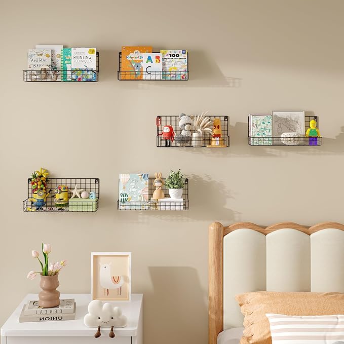 X-cosrack Floating Book Shelves for Wall Kids Bookshelf,Metal Hanging Wall Mounted Shelf for Nursery Toddler, Kids Room, Classroom,Set of 6,Black,2 Sizes