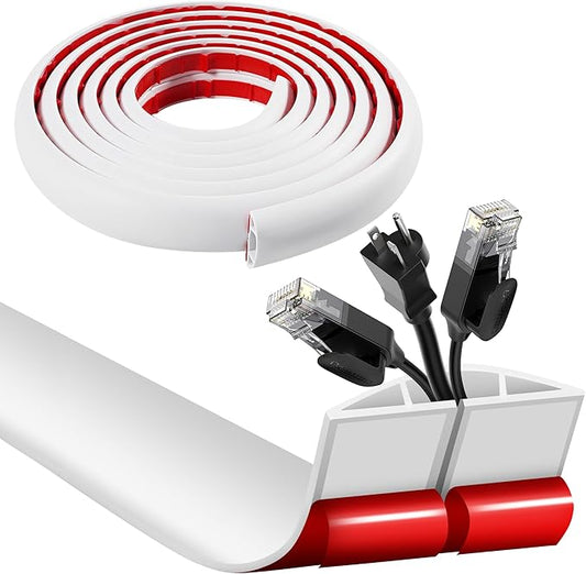 10ft Self Adhesive Floor Cord Cover, Cable Cavity:0.61" (W) x 0.32" (H), Heavy Duty Soft PVC Cable Protector and Extension Cord Hider,Cord Management System to Hide Wires on Floor, White