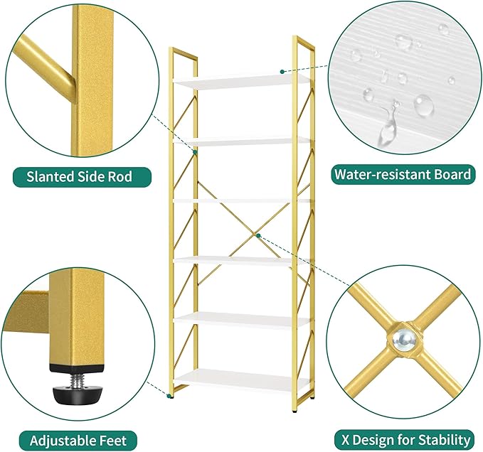 YITAHOME Tall Bookshelf 6 Tier Bookcase, Modern Gold Book Shelf, Open Display Storage Rack Shelves for Living Room/Bedroom/Home/Office/Kitchen, Holder Organizer for Books/Movies, White & Gold