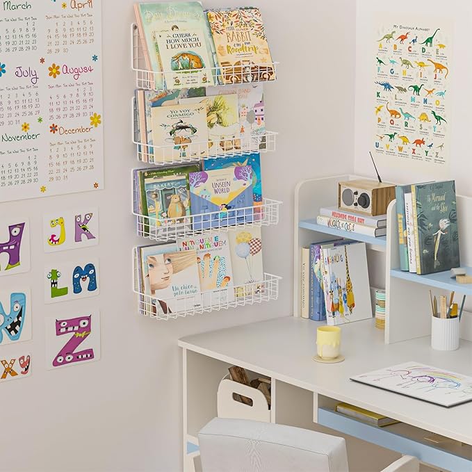 X-cosrack 4-Pack Wall Mounted Metal Kids Bookshelf, Floating Book Shelves for Kids Nursery Toddler Bedroom Classroom, Hanging Book Shelf Storage Organizer for Room Decor, White