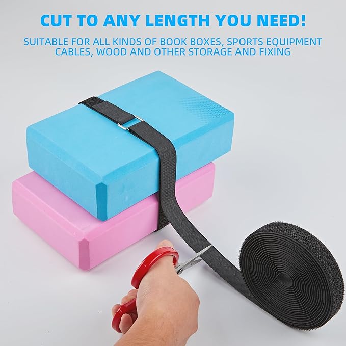 1" x 40ft Reusable Cable Straps Roll with 50 Metal Buckles Adjustable Cut-to-Length Nylon Cable Ties and Fastening Straps for Organizing and Storage Black