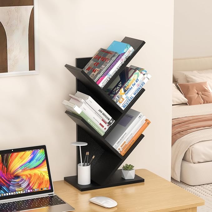 5 Tier Tree Book Shelf, Small Desktop Bookshelf with Storage Organizer, Wood Bookcase, Desk Display Bookshelves, Floor Standing Organizer Bookcases for Living Room,Bedroom,Office-Black