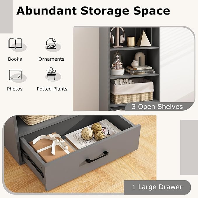 4-Tier Bookcase with Drawer, Wooden Cube Storage Organizer, Modern Display Shelf, Small Bookshelf for Small Spaces, 42.5" Tall Book Shelf for Classroom, Kid's Room, Bedroom (Grey)