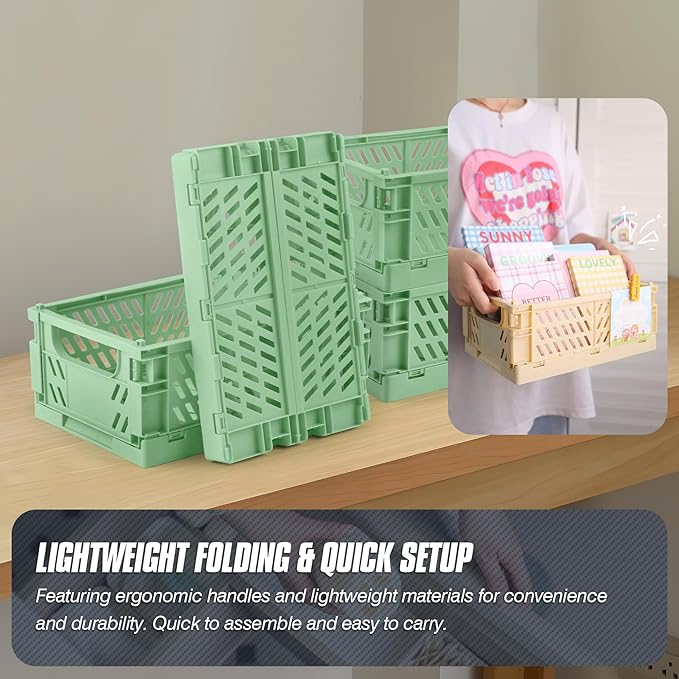 4 Pcs Collapsible Storage Crates, 10x5.9x4 inches Space-Saving Folding Containers, Stackable Plastic Boxes for Home Kitchen Office Bedroom Bathroom, Green