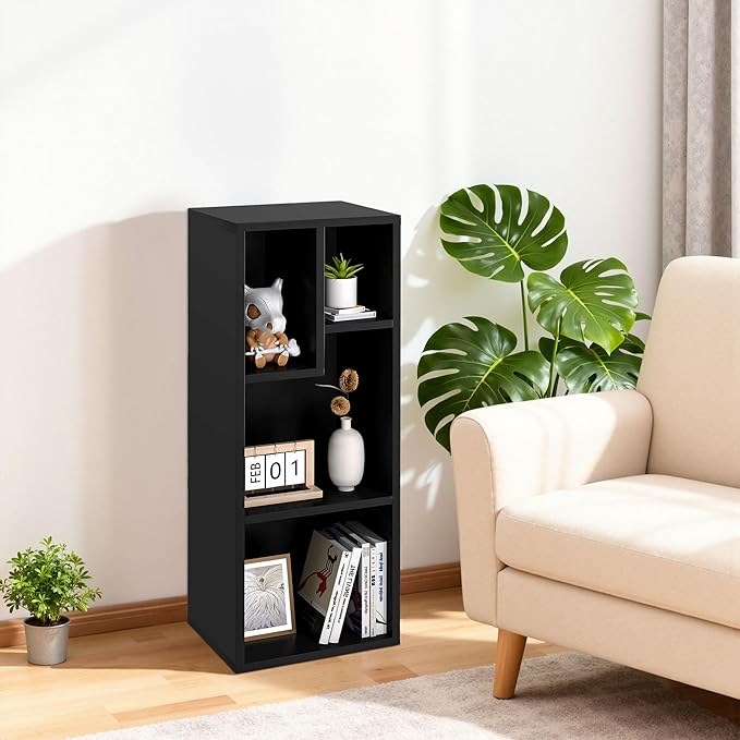 VECELO 3-Tier Small Bookcase, 4 Cube Bookshelf with Height Difference Shelves for Most Books, Modern Floor Standing Unit, Each Shelf Hold Up to 66 LBS for Living Room Bedroom, Vintage Black