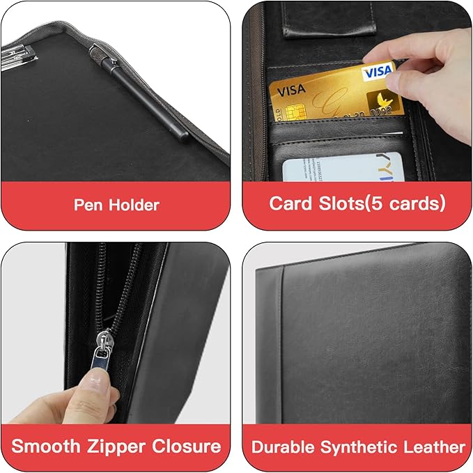 Zippered Portfolio Organizer, WRIYES Leather Padfolio with 3 Ring Binder, Professional Business Binder, Organizer for IPad/Document, Phone & Business Cards, Office Gifts for Men or Women (Black)