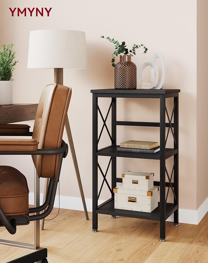 YMYNY 3 Tiers Bookcase, Industrial Metal Bookshelf with Side Fence, Storage Organizer for Living Room, Home Office, Bedroom, Display Racks, Sofa Side Table, 29.5 * 15.75 * 11.4", Black UHST008B