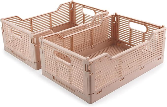 2-Pack Foldable Crates, Plastic Storage Baskets Crate for Organizing, Collapsible Storage Crates for Home Kitchen Classroom Office Bedroom Bathroom (12''x8.07''x4.92'', Pink)