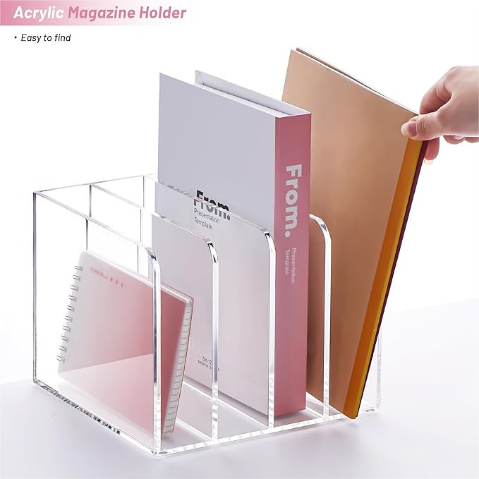 YUXUN Acrylic Magazine Holder,Clear Desk Organizer File Sorter for Notebook,Paper,Envelope,Magazine, Book Storage-Office/Home/Classroom Organization(4 Compartments,B5)