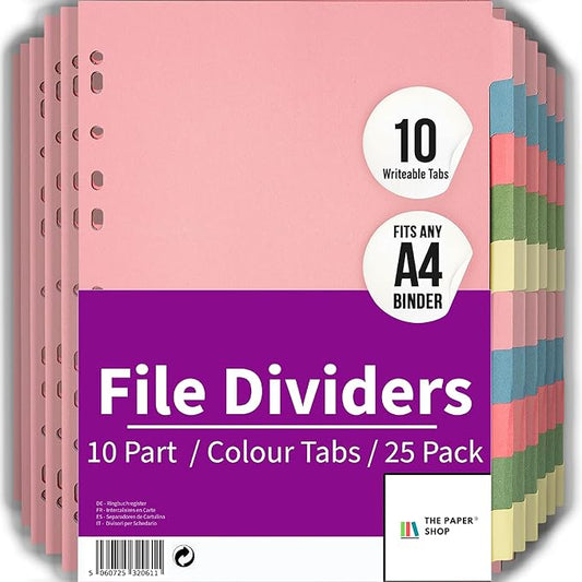 [25 Pack] Binder Dividers with Tabs A4 10 Part - DIviders for 3 Ring Binder, Perfect for Organizing Pages in 3 Ring Binder Dividers with tabs, Each Set Includes Tab Dividers - The Paper Shop (25)