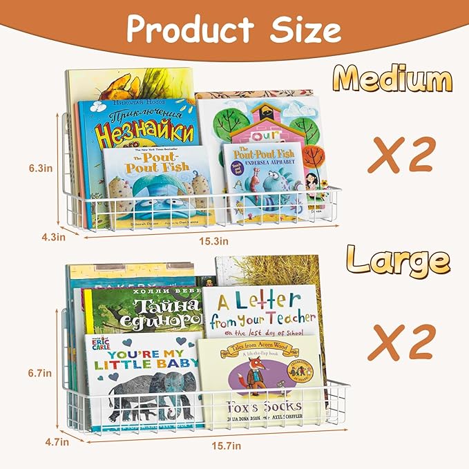 X-cosrack 4-Pack Wall Mounted Metal Kids Bookshelf, Floating Book Shelves for Kids Nursery Toddler Bedroom Classroom, Hanging Book Shelf Storage Organizer for Room Decor, White