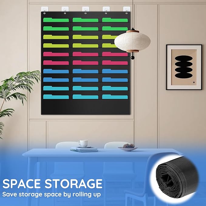 ZKOO 30 Pockets Hanging Wall File Organizer for A4 Size Paper/Legal/ Letter Size Document, Sturdy Wall Mail Organizer Black Pocket Chart Great for Classroom, Office, Home Use with 5 Hangers