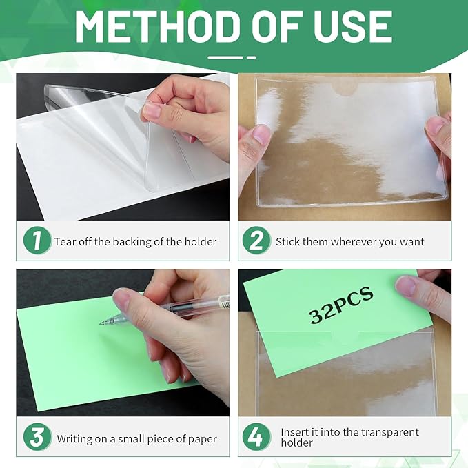 32 Pack Index Card Holder for 3x5 Inch Cards, Clear Adhesive Pockets, Plastic Tote Labels for Storage Bins, Classroom Organization Bins Box Drawer, 3.8 x 5.3 Inch