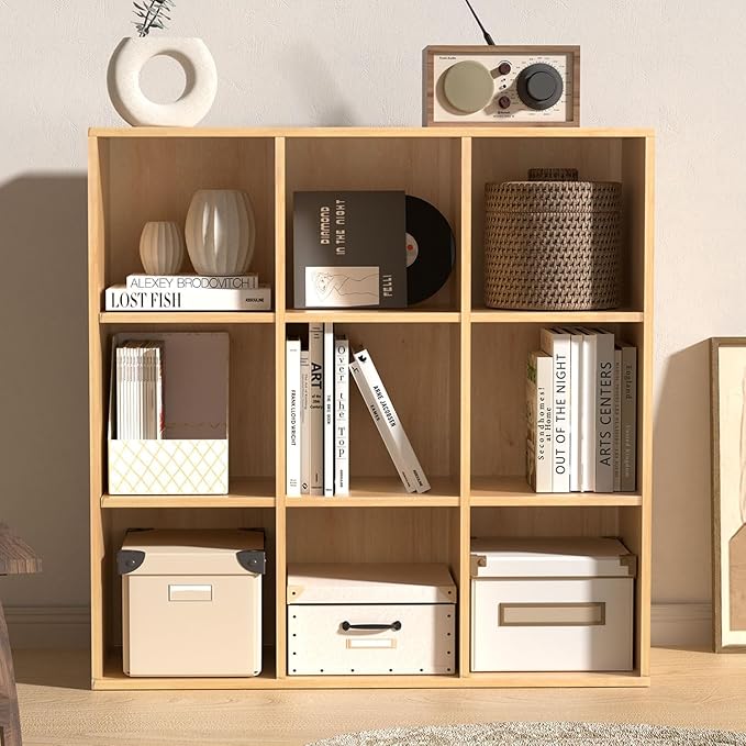 Wooden 9 Cube Storage Organizer with Closed Back Panel,White Cube Shelf Cubby Storage Organizer with Compartments for Living,Bookshelf,Storage Organizers Easy to Install (Oak, 9 Cube-13in)