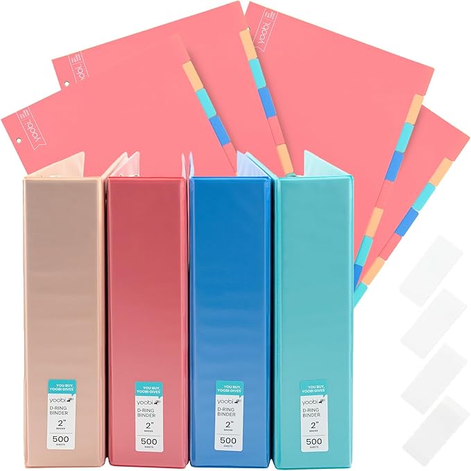 Yoobi 2 Inch Binder and 8 Tab Dividers Set, 4 Pack of 3 Ring Binders with Plastic Cover, 2 Pockets and D Rings, 4 Pack of Binder Organizer Tabs with Blank Sticky Labels, Office or School Supplies