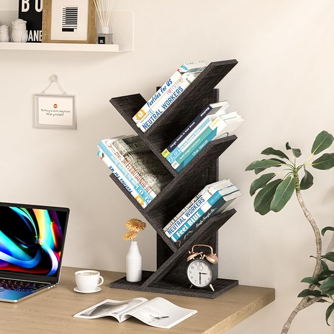 5 Tier Tree Book Shelf, Small Desktop Bookshelf with Storage Organizer, Wood Bookcase, Desk Display Bookshelves, Floor Standing Organizer Bookcases for Living Room,Bedroom,Office-Dark Grey