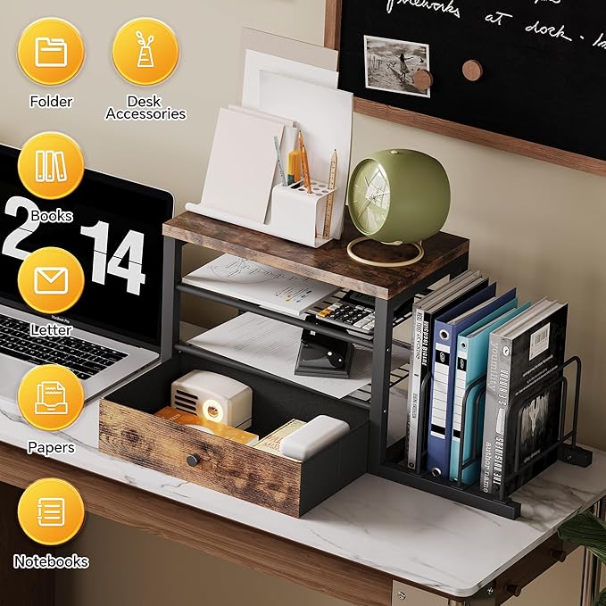 Wood Desk Organizer with Drawers, Desk File Organizer with 3 Vertical File Holders, File Shelf,Storage for Mail, Supplies,Classroom Organization