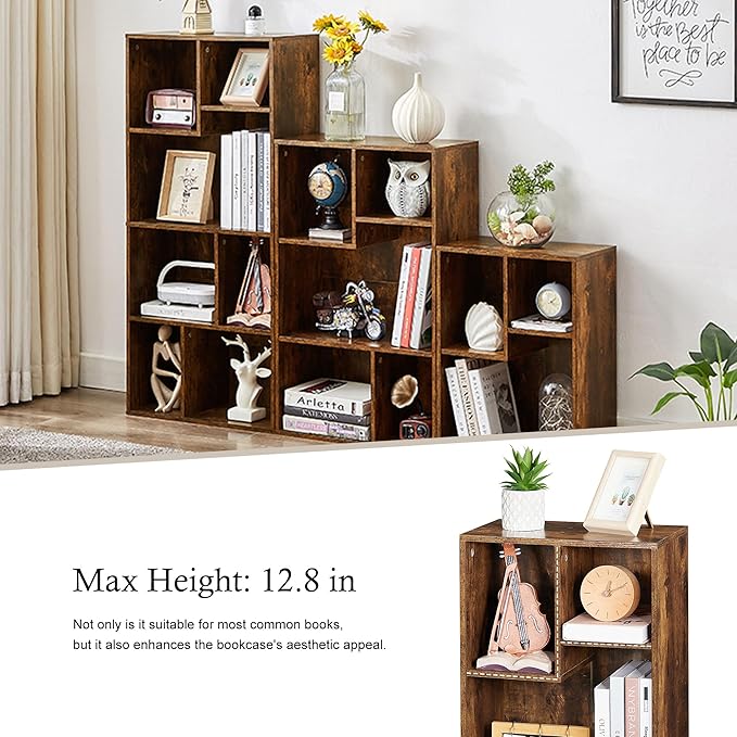 VECELO 3 Cube Small Bookcase, Fits Tallest Hardcovers, Horizontal Available, 2-Tier Modern Bookshelf, Storage Organizer for Small Spaces, Kids Room, Bedroom Living Room, Rustic Brown