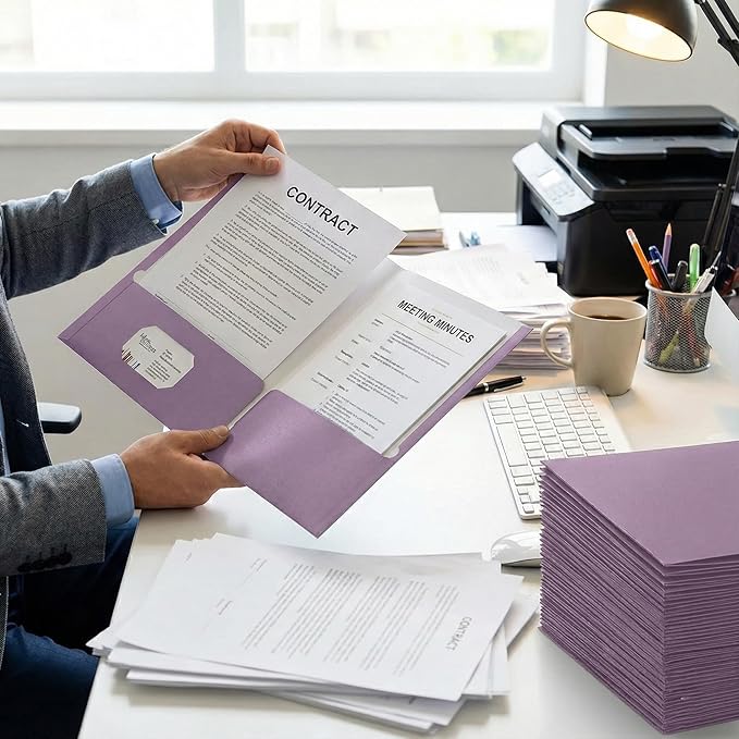 Zzrywuty File Folders with Pockets Letter Size, 50-Pack Paper Folders with Card Slot, Two Pocket Folders for School Students, Businessmen, Home and Office Workers（Purple）