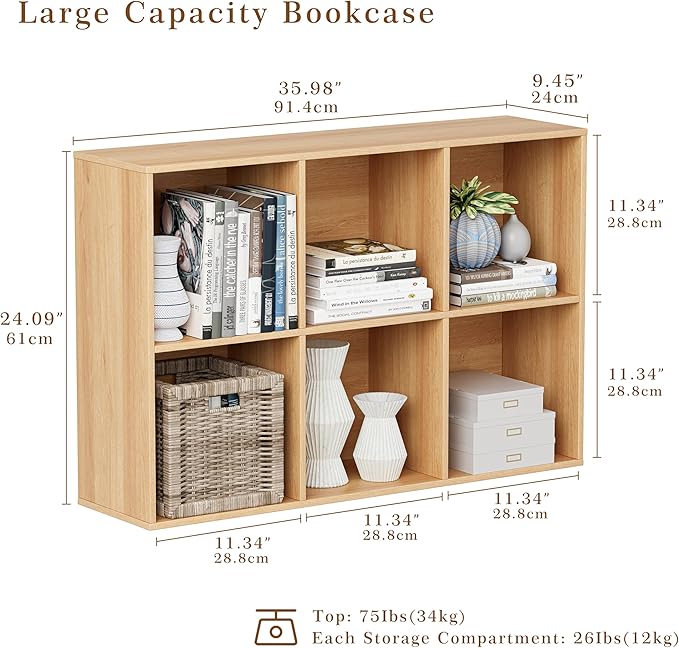 Wooden Cube Storage Organizer with Closed Back Panel, 11in Cube Shelf Opening, Bookshelf, Display Shelf,Closet Cabinet for Home and Office (Natural Oak, 6-Cube 35.98L*9.45W*24.09H)