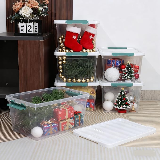 35 Quart Stackable Plastic Storage Latches Box, Multi-Purpose Lidded Container for Clothes, Craft Supplies & Christmas Decorations, 6 Packs