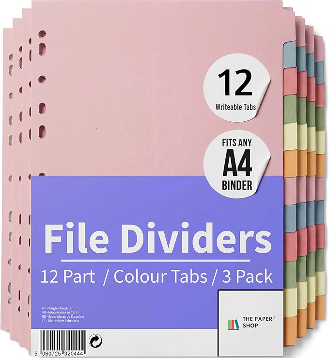 [3 Pack] Binder Dividers with Tabs A4 12 Part | Dividers for 3 Ring Binder | Perfect for Organizing Pages in 3 Ring Binder Dividers with tabs, Each Set Includes Tab Dividers - The Paper Shop