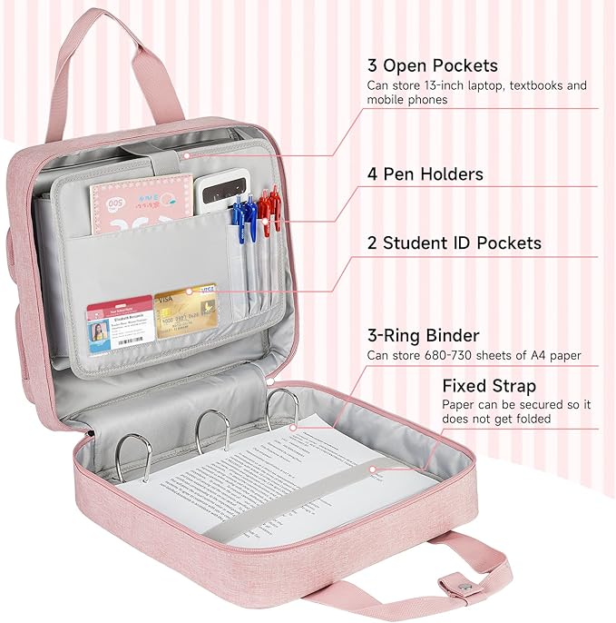 Zipper Binder 3 Ring, 700 Sheets Capacity, Binder 3 Inch with Shoulder Strap Fits 13 Inch Laptop for School and Office,Pink