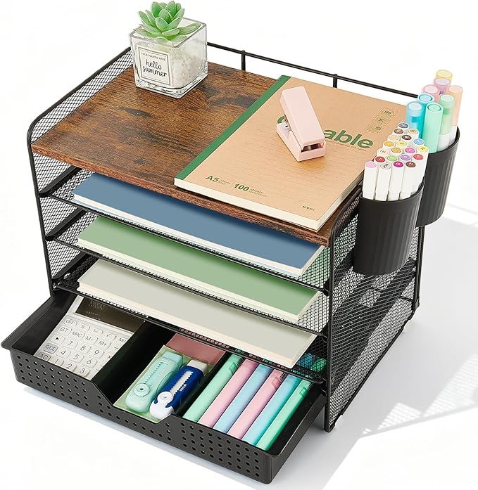 Wood Desk Organizer and Accessories, 5-Tier Paper Letter Tray Organizer with Drawer & 2 Pen Holders for Desktop File Organization, Office Desk Accessories for Supplies Storage (Wood)