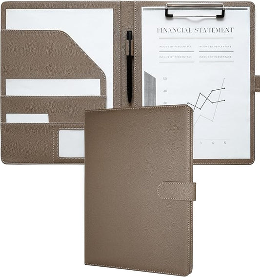 Zreal Padfolio Portfolio for Women and Men, Faux Leather Clipboard Folder with Document Organizer, Business Card & Pen Holder, Fits A4 Letter Size Legal pad for Work, Office & Conference (Taupe)