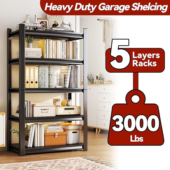 5 Shelf Storage Bookcase - Industrial Adjustable Metal, Mid-Height Organizer - Living Room/Office/Bedroom Essential, Black