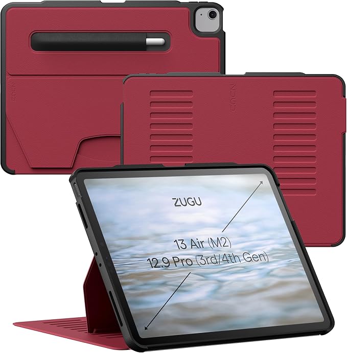 Zugu Case for iPad Air 13 Inch M3 2025 & M2 2024 &/12.9 inch (3rd/4th Gen), Slim Protective Cover with Apple Pencil Charging & Storage, Auto Wake/Sleep, Multiple Viewing Angles (Scarlet Red)