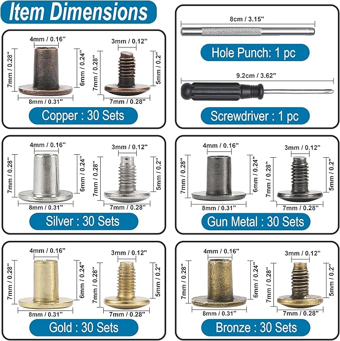 YORANYO 150 Sets 8MM Chicago Screws Leather Rivets for Fabric Chicago Binding Screws Buttons Metal Studs Rivets for Decorate and Repair Belts Bags Shoes Purse Dog Collar Leather Craft (Mixed Color)