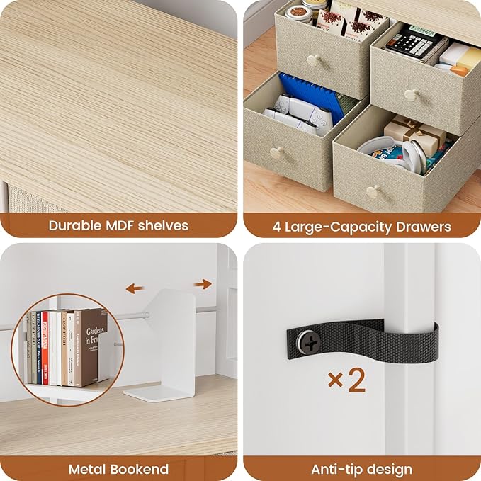 5 Tier Bookshelf, Modern Bookcase with Bookends and 4 Drawers Storage Organizer, Metal Industrial Display Shelf, Free Standing Storage Shelving Unit for Bedroom, Living Room and Home Office