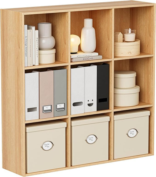 Wooden Storage Organizer with Closed Back Panel, 11in Cube Shelf Opening, Bookshelf, Display Shelf,Closet Cabinet for Home and Office (Natural Oak, 9-Cube 35.98L*9.45W*35.91H)