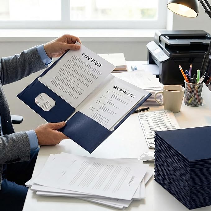 Zzrywuty File Folders with Pockets Letter Size, 50-Pack Paper Folders with Card Slot, Two Pocket Folders for School Students, Businessmen, Home and Office Workers（Old Blue）