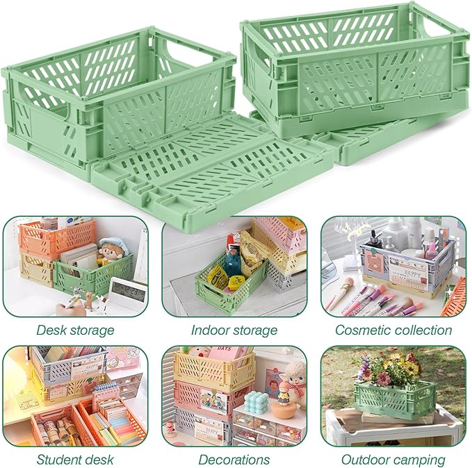 4 Pcs Collapsible Storage Crates, 10x5.9x4 inches Space-Saving Folding Containers, Stackable Plastic Boxes for Home Kitchen Office Bedroom Bathroom, Green