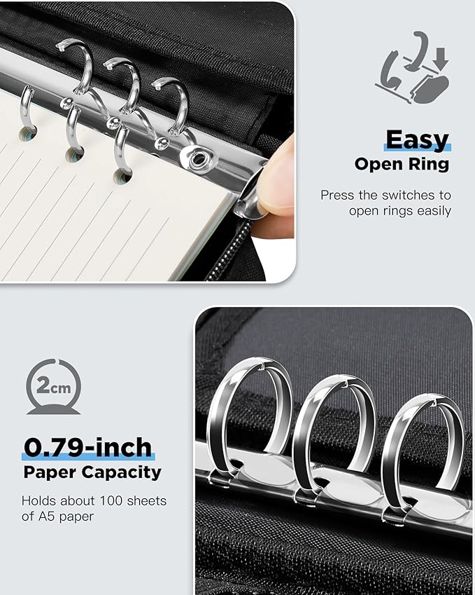 Zannaki A5 Zipper Binder, 6 Ring Personal Planner Journal Budget Binder Cover Case, Refillable Notebook Shell for Journal Diary File Album Photo Card Organizer Portable School Office Supplies, Black