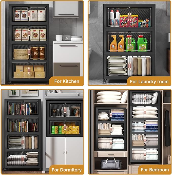 480Qt Stackable Storage Bins with Lids, 4 Pack Large Collapsible Bins with Wheels, Plastic Cabinet with Doors, Foldable Closet Organizers and Storage for Home, Dorm, Office, Black