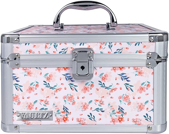 Vaultz Portable Safe Box - 10 x 10 x 6.5 Inch Large Storage Box with Lock, Mesh Pocket & Adjustable Compartments for Cash, Documents and Valuables - Floral
