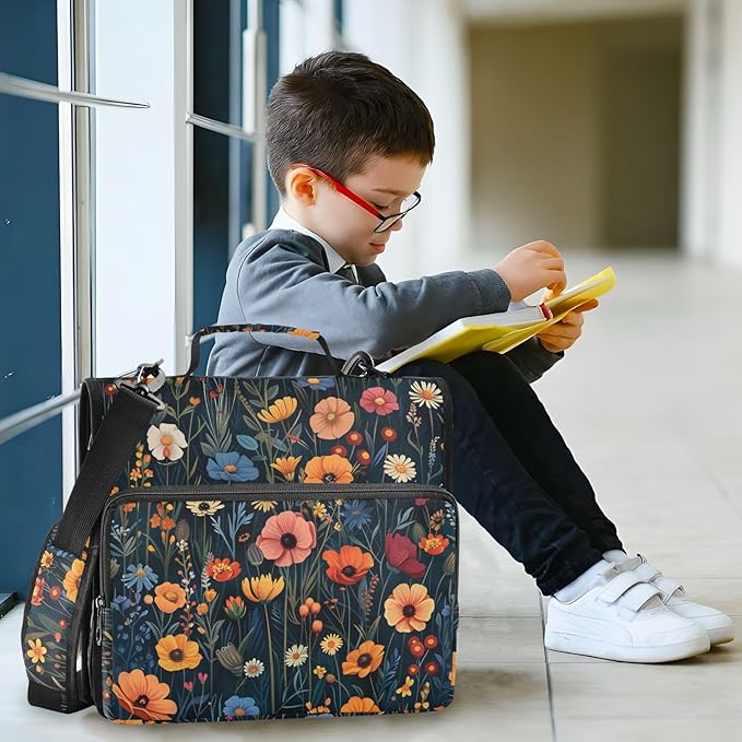 Vibrant Wildflowers Colorful Zipper Binder with Shoulder Strap Bag 3 Ring Binder Organizer Large Capacity Multiple Compartments for School Office