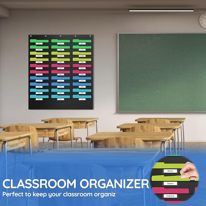 ZKOO 30 Pockets Hanging Wall File Organizer, Heavy Duty Wall Pocket File Holder for A4 Size Paper/Legal/ Letter Size Document, for Classroom, Office, Home Use with 5 Hangers, 30 Tags Pocket