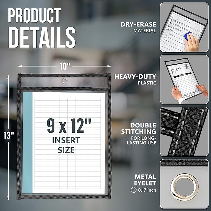10 Pack Job Ticket Holders 9x12 - Clear Sheet Protectors - Reusable Dry Erase Pocket Sleeves for Shop, Office & Classroom - Clear Work Order Plastic Sleeves & Shop Ticket Holders with Hanging Eyelet