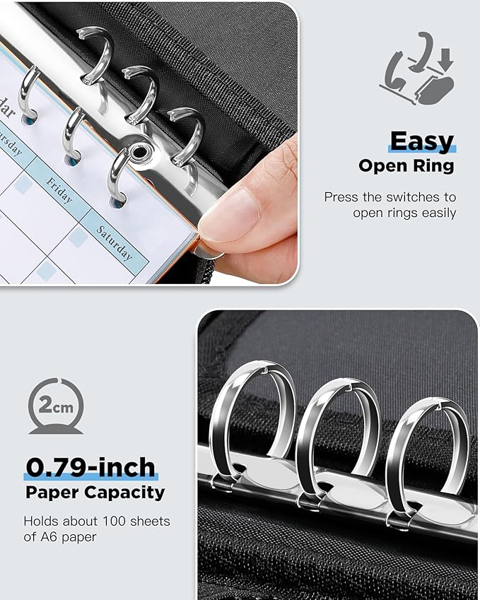 Zannaki A6 Zipper Binder, 6 Ring Personal Planner Journal Budget Binder Cover Case, Refillable Notebook Shell for Cash Envelope Loose Leaf Filler Paper Organizer Portable School Office Supplies, Black