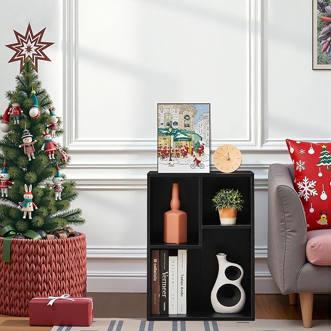 VECELO 3-Cube Bookshelf, Fits Tallest Hardcovers, Horizontal Available, Modern Bookcase, Cubby Storage Organizer for Small Space, Bedroom, Living Room,Black