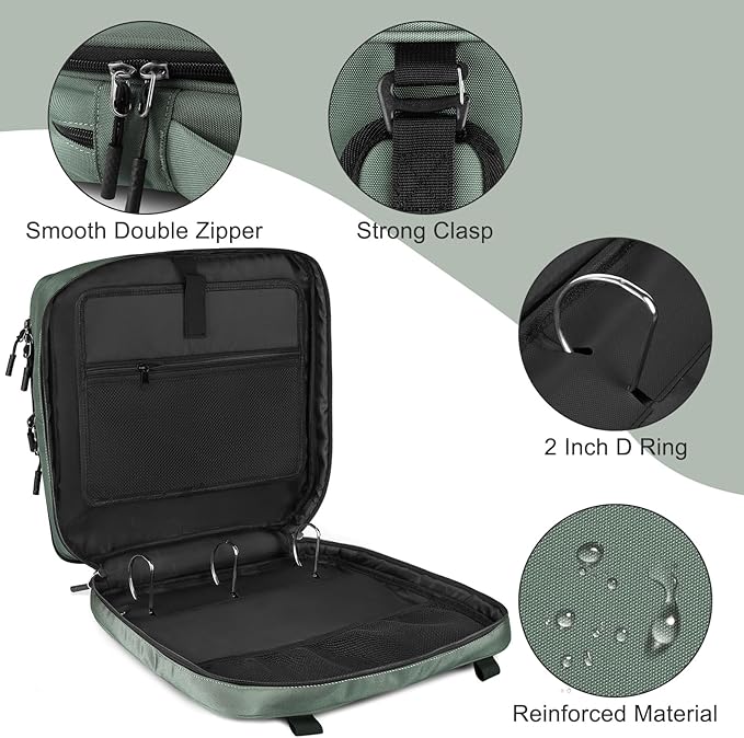 Zipper Binder Bag, 2-inch 3-Rings with Multiple Pockets File Folder - 500 Sheet Capacity, Up to 14‘’ Laptop and Tablet, Detachable Backpack Straps & Shoulder Use for School