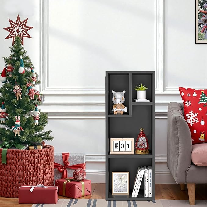 VECELO 3-Tier Small Bookcase, 4 Cube Bookshelf with Height Difference Shelves for Most Books, Modern Floor Standing Unit, Each Shelf Hold Up to 66 LBS for Living Room Bedroom, Vintage Black
