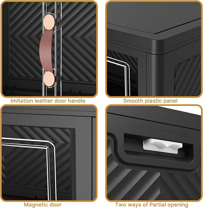 480Qt Stackable Storage Bins with Lids, 4 Pack Large Collapsible Bins with Wheels, Plastic Cabinet with Doors, Foldable Closet Organizers and Storage for Home, Dorm, Office, Black