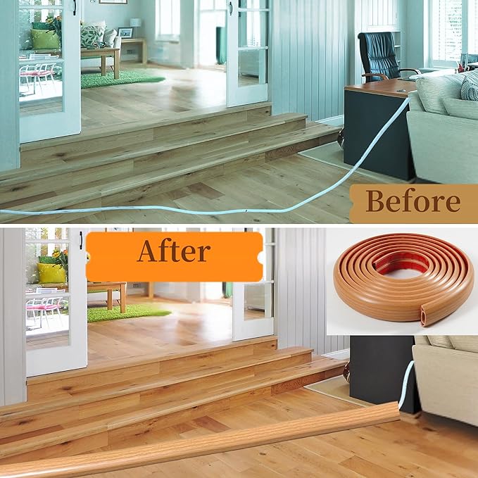 10ft Self Adhesive Floor Cord Cover,Cable Cavity:0.61"(W) x 0.32"(H),Heavy Duty Soft PVC Cable Protector and Extension Cord Hider,Cord Management System to Hide Wires on Floor,Yellow Wood